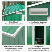 Four panels showing the sloped apex roof, louvred ventilation windows, reinforced panel edges and the sliding door
