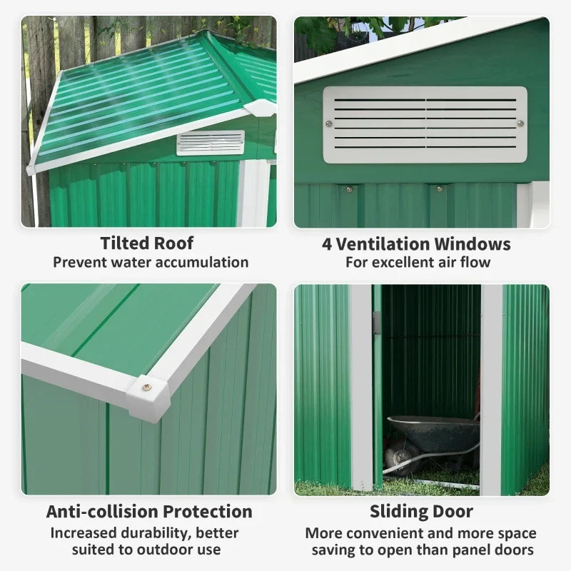 Four panels showing the sloped apex roof, louvred ventilation windows, reinforced panel edges and the sliding door