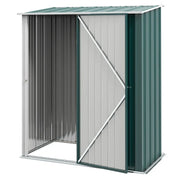 Studio view of the 5x3ft metal shed with the door swung open, showing the empty interior and open base