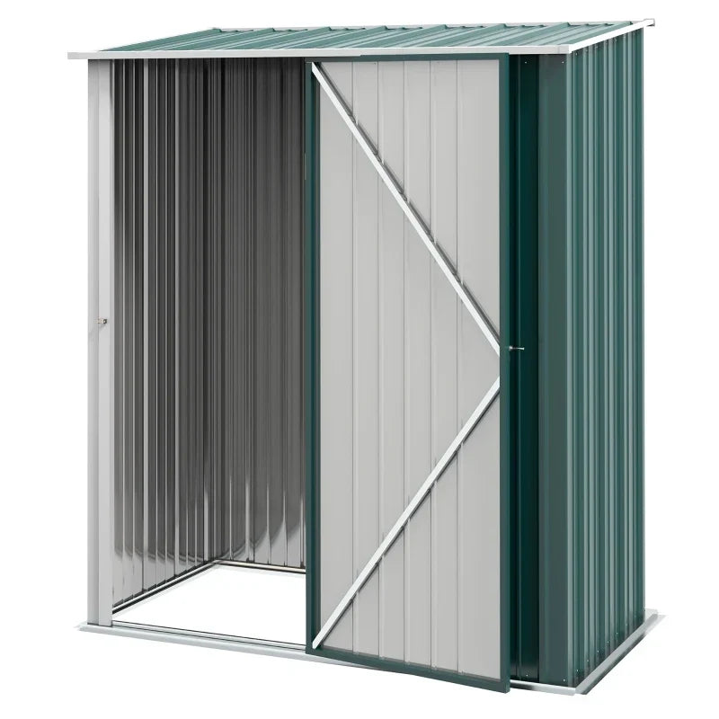 Studio view of the 5x3ft metal shed with the door swung open, showing the empty interior and open base
