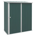 Dark green 5x3ft Outsunny metal garden shed with a white-trimmed pent roof and closed latch door, studio view