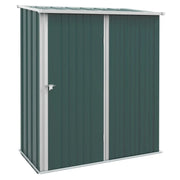 Dark green 5x3ft Outsunny metal garden shed with a white-trimmed pent roof and closed latch door, studio view
