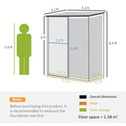 Dimension diagram of the 5x3ft pent roof shed: 5.3 x 3.1ft overall, 6.4ft high at the front, 6ft at the back, 1.34 square metre floor