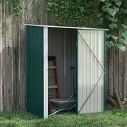 Dark green metal shed against a wooden fence with the door open, a step ladder and a wheelbarrow stored inside