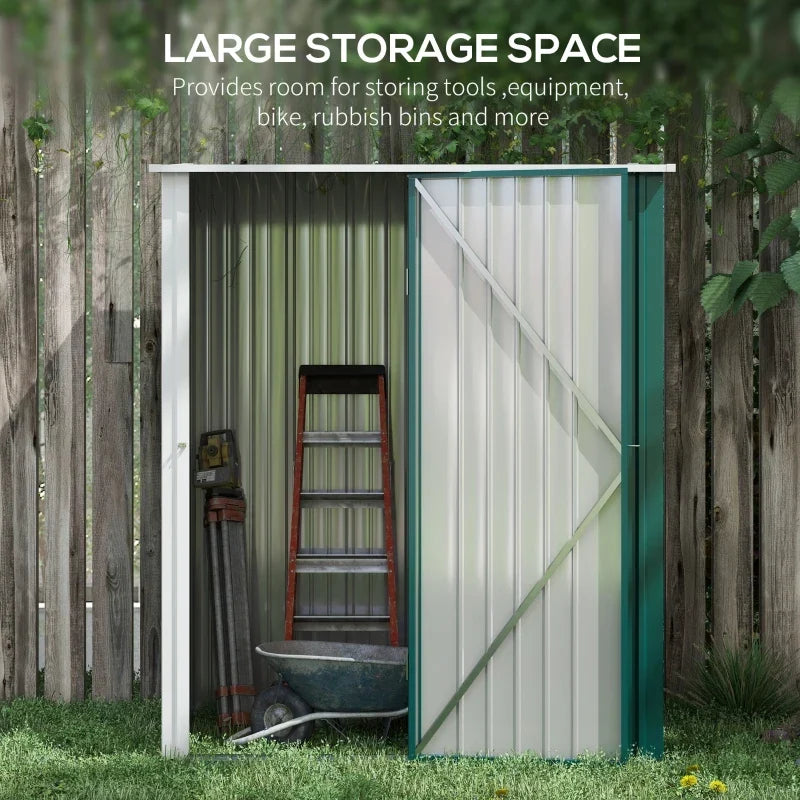 Open shed captioned large storage space, with room for tools, equipment, a bike and rubbish bins