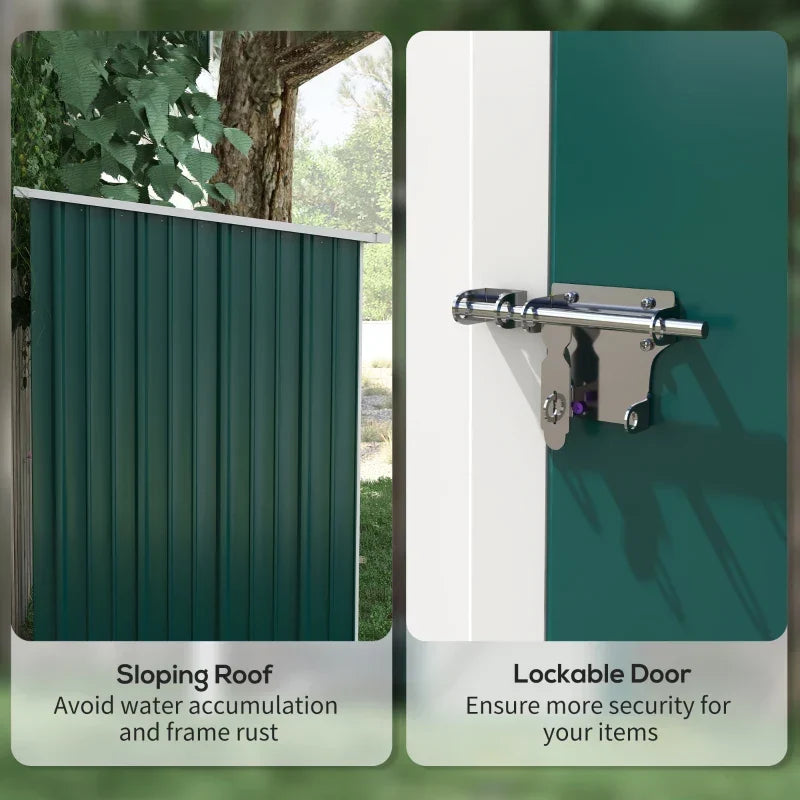 Two close-ups showing the sloping pent roof and the steel latch on the lockable door