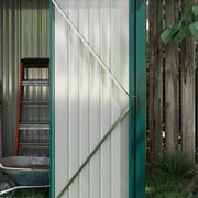 Close-up of the open shed door with a step ladder and a galvanised tub visible inside