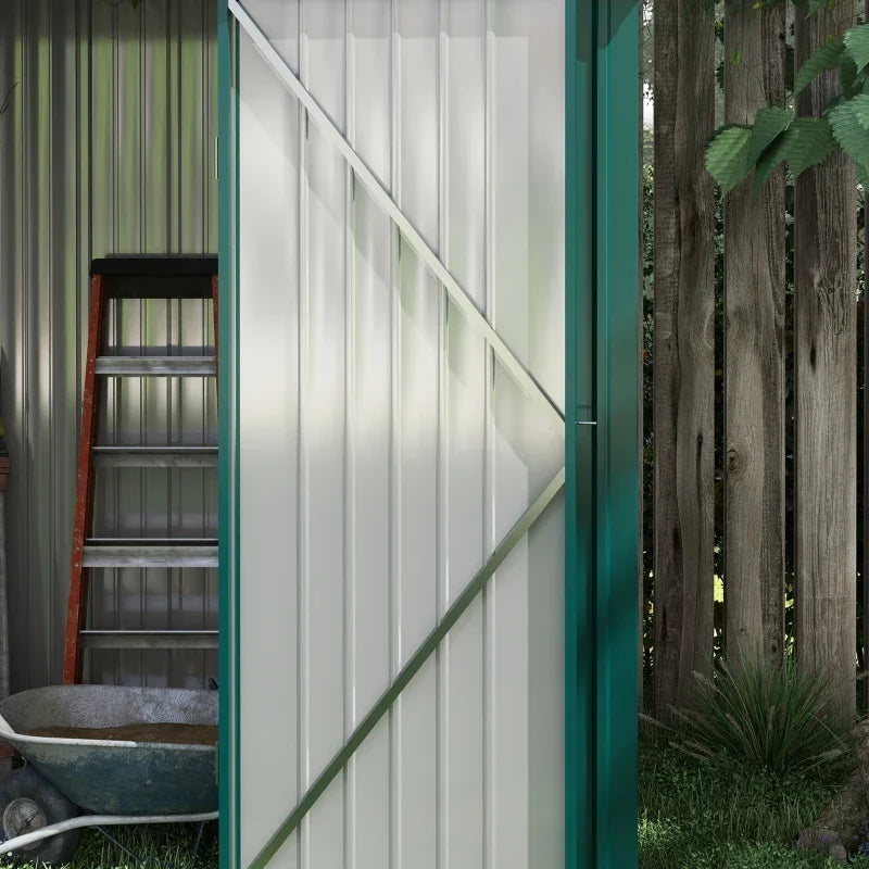 Close-up of the open shed door with a step ladder and a galvanised tub visible inside