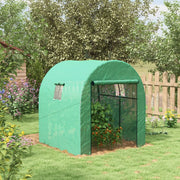 Image of a small walk in polytunnel greenhouse with roll up door and 2 windows