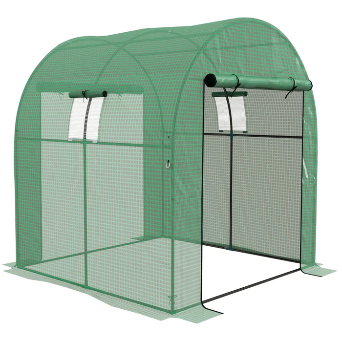Image of a small walk in polytunnel greenhouse with roll up door and 2 windows