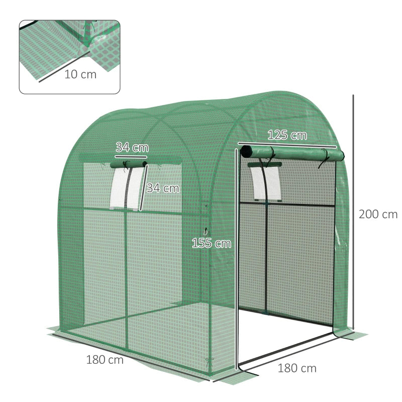 Image of a small walk in polytunnel greenhouse with roll up door and 2 windows