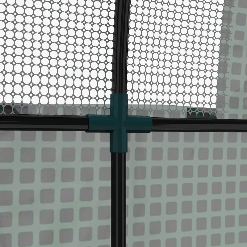 Image of a small walk in polytunnel greenhouse with roll up door and 2 windows