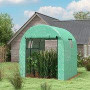 Image of a small walk in polytunnel greenhouse with roll up door and 2 windows