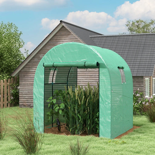 Image of a small walk in polytunnel greenhouse with roll up door and 2 windows