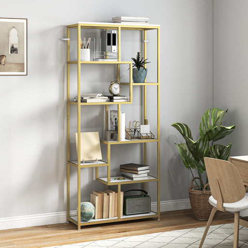 Elegant Gold Geometric Bookcase With 7 Tiered Open Shelves For Display And Storage, 80W x 30D x 180H cm