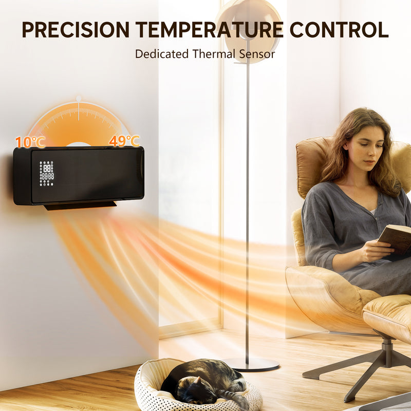 Wall Mounted 2000W Ceramic Electric Heater with Adjustable Thermostat and Fan Black