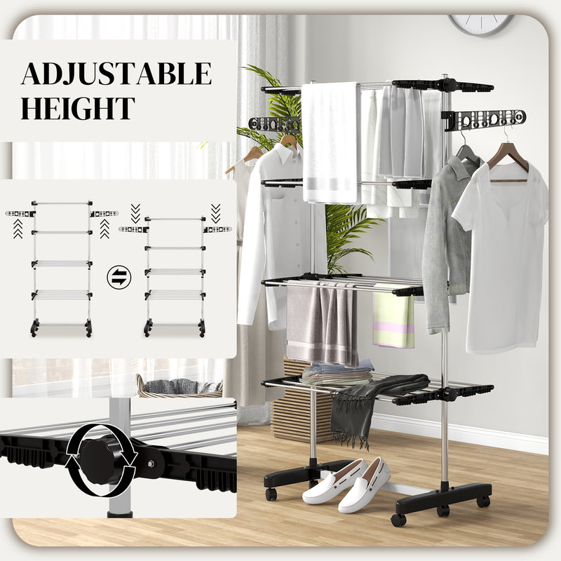 Black Four Shelf Collapsible Clothes Airer With Side Arms and Wheels by HOMCOM