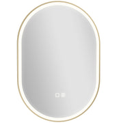 Gold oval LED bathroom mirror with a soft glowing edge and touch controls, studio shot