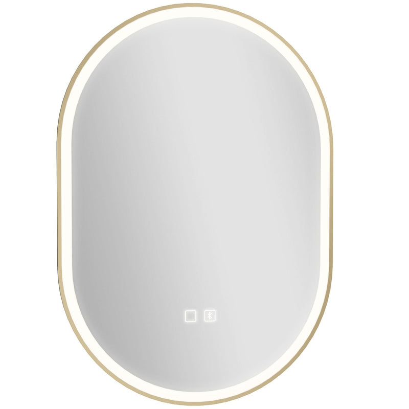 Gold oval LED bathroom mirror with a soft glowing edge and touch controls, studio shot