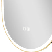 Close-up of the touch controls on the lower edge of the gold oval LED mirror
