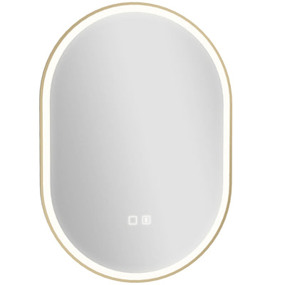 Gold oval LED bathroom mirror with a soft glowing edge and touch controls, studio shot