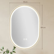 Dimensions diagram of the oval LED mirror showing 70 cm width and 100 cm height