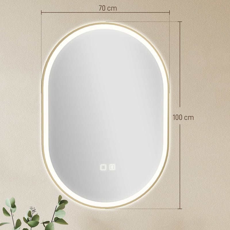 Dimensions diagram of the oval LED mirror showing 70 cm width and 100 cm height