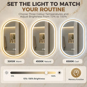 Three oval mirrors showing 3000K warm, 4500K natural and 6500K cool light with a 10% to 100% brightness scale