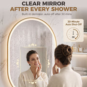 Woman in front of the oval LED mirror with a clear demisted centre and a 30-minute auto shut-off icon