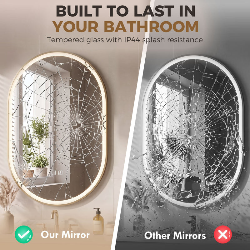 Oval LED mirror intact beside a cracked mirror, comparing shatter-resistant glass with IP44 splash protection