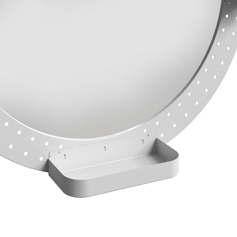 Close-up of the pegboard frame and storage tray at the base of the oval mirror