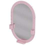 Angled view of the oval pegboard mirror with pen holders and tray