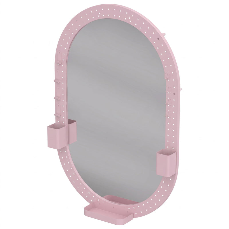 Angled view of the oval pegboard mirror with pen holders and tray