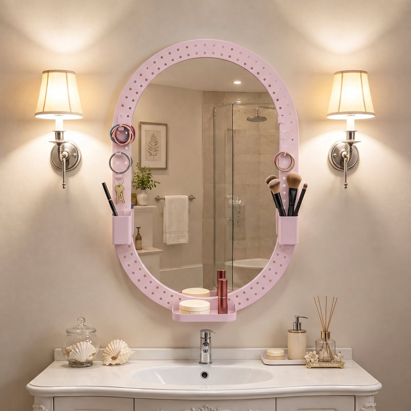 Pegboard oval mirror over a bathroom basin holding make-up brushes and accessories