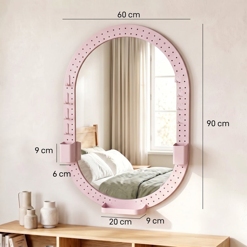 Dimension view of the oval pegboard mirror, 60 x 90 cm overall with a 20 cm tray
