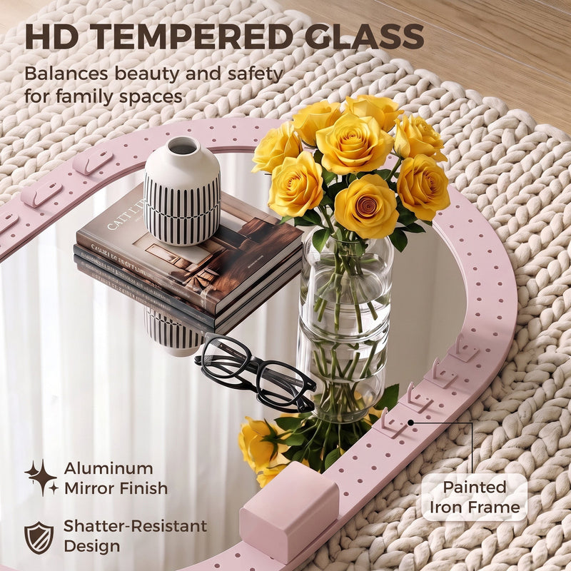 Close-up of the oval mirror edge on a rug with flowers, showing tempered glass callouts