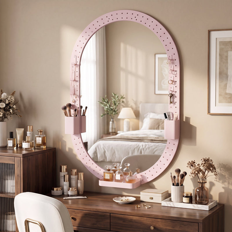 Oval pegboard mirror above a dressing table with make-up and a chair