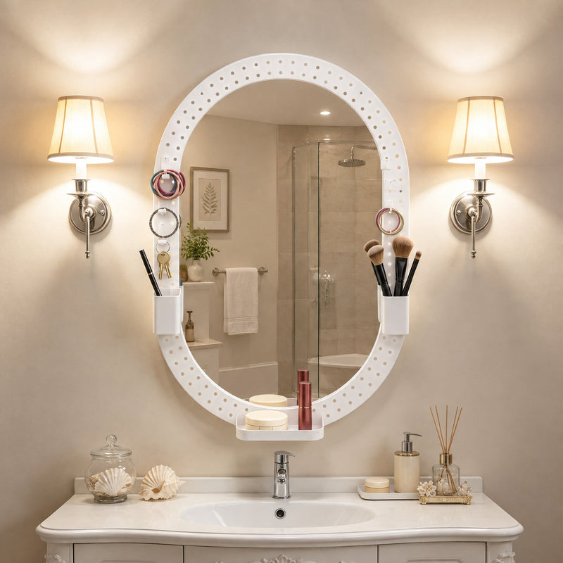 Oval pegboard mirror above a bathroom vanity between two wall lights
