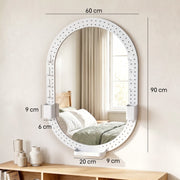 Oval pegboard mirror with 60 cm width and 90 cm height marked