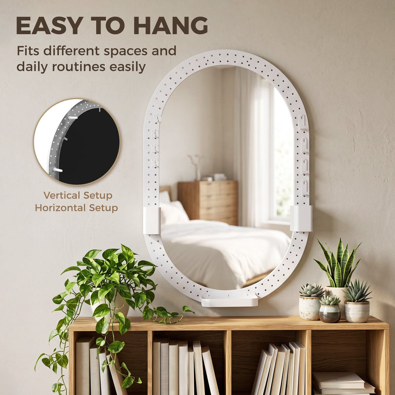 Oval pegboard mirror above a bookcase with vertical and horizontal hanging shown