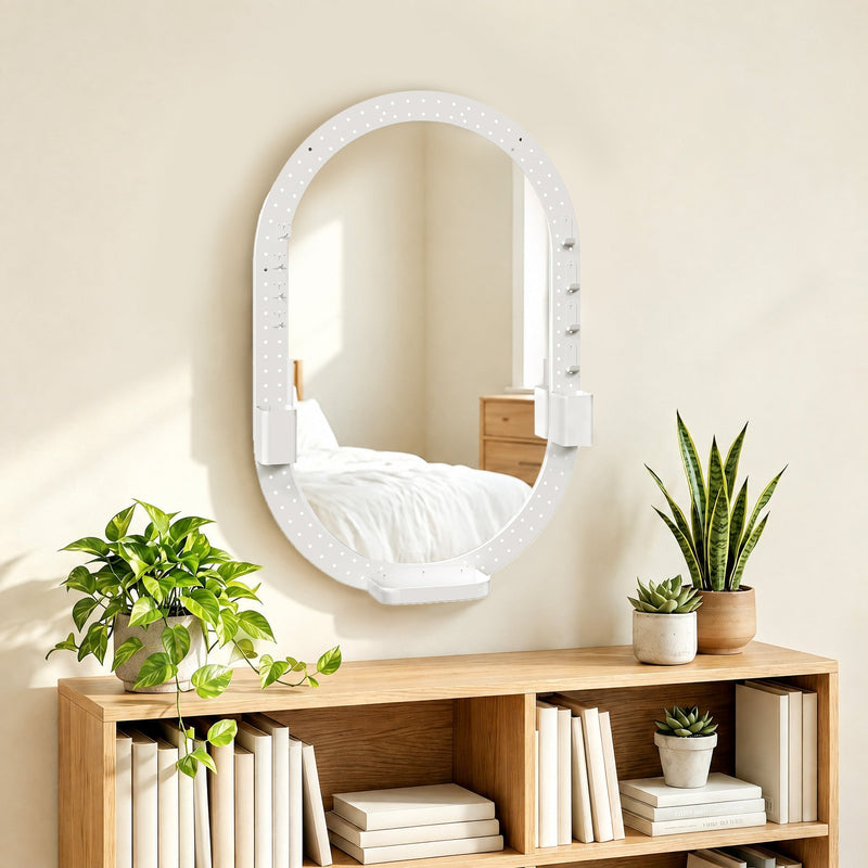 Oval pegboard mirror above a bookcase with potted plants
