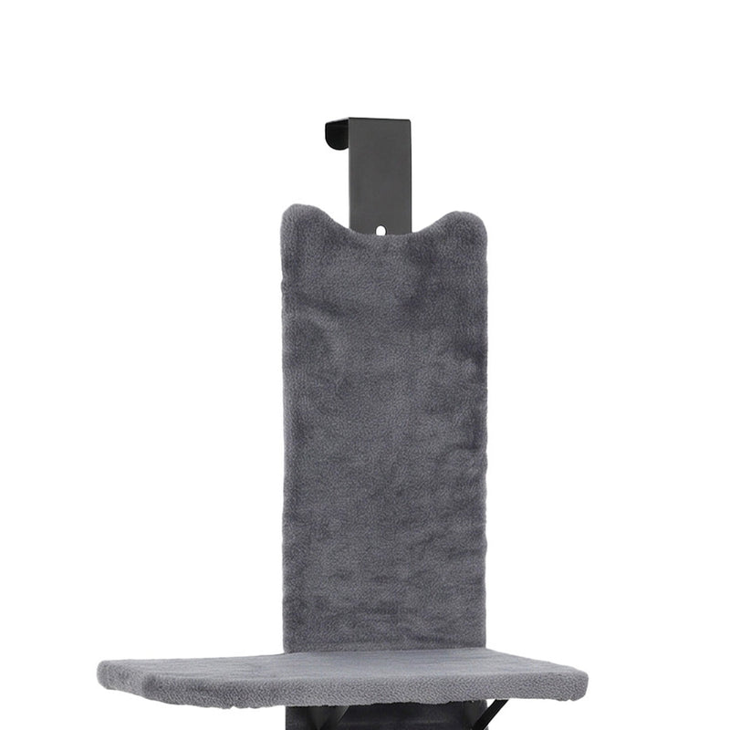 Close-up of the door hook and top plush panel of the cat shelf
