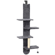 Dark grey over-door cat shelf with four platforms and hanging ball on white