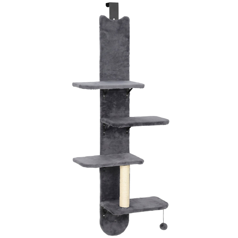 Dark grey over-door cat shelf with four platforms and hanging ball on white