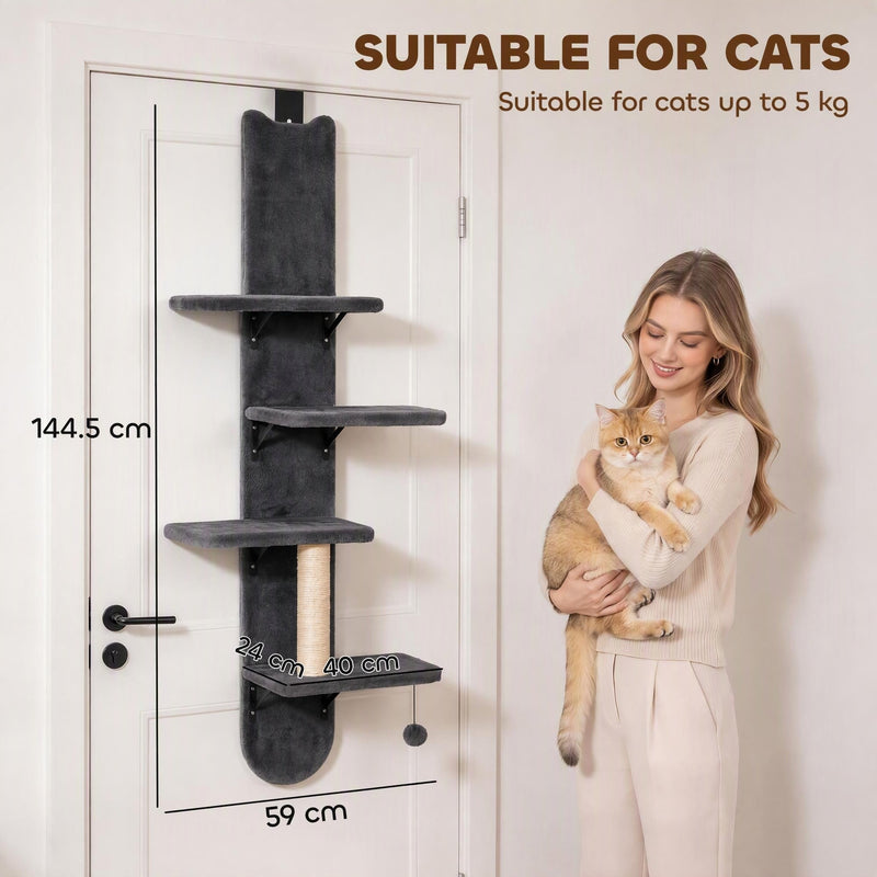 Cat shelf dimensions 144.5 x 59 cm beside a woman holding a cat