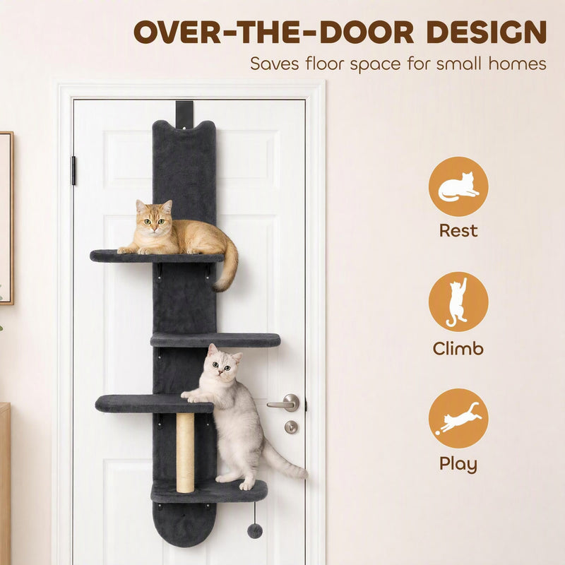 Over-the-door cat shelf with rest, climb and play icons