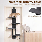 Four-tier cat shelf with a cat on the top platform and platform close-up