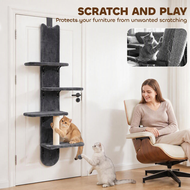 Cat on the sisal post of the door shelf with a woman seated nearby