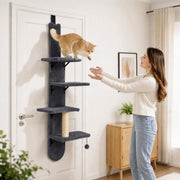 Woman reaching toward a cat on the door-hung cat shelf