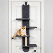 Cat sitting on the third platform of the door-hung cat shelf